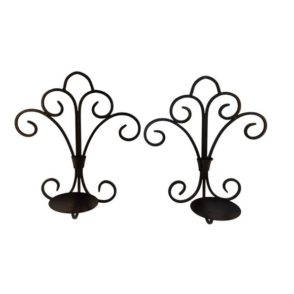 Iron Black Wall Sconce Candle Holders Set Of 2 Decorative Scroll Design 12" Tall - Picture 1 of 8